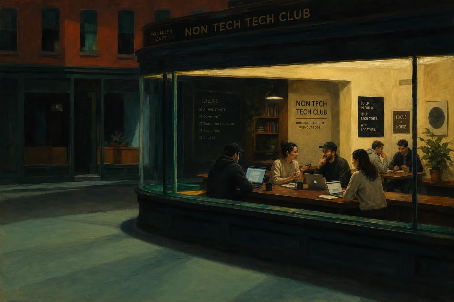The Non Tech Tech Club cafe at night, founders building together at the counter, warm light spilling into the street
