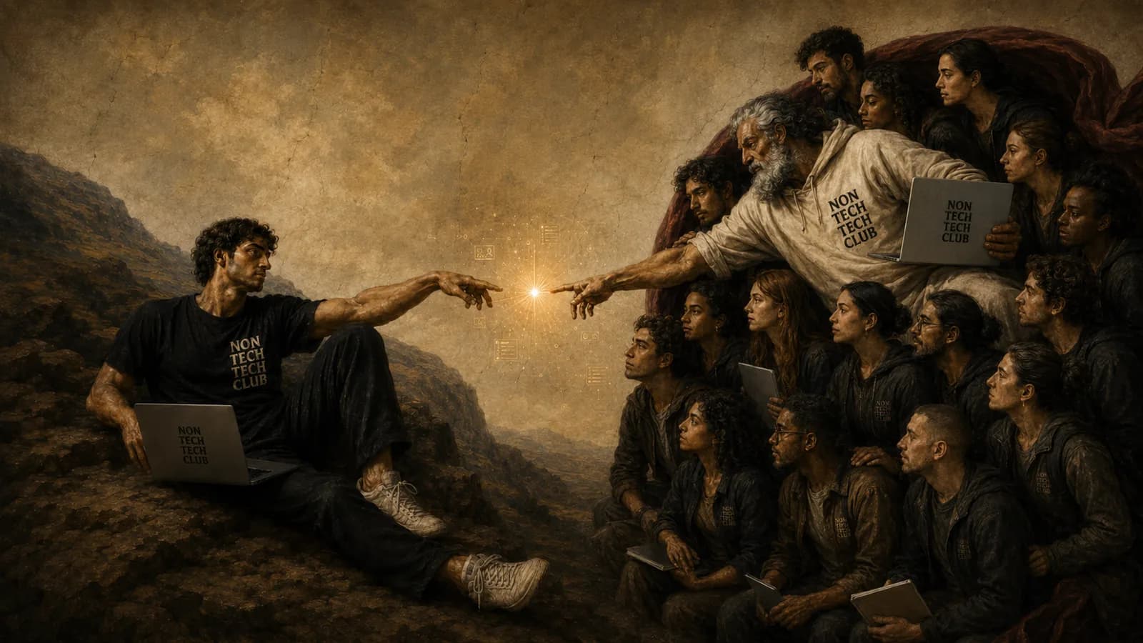 A founder reaching toward a mentor, surrounded by a host of other founders, in the manner of a Renaissance fresco